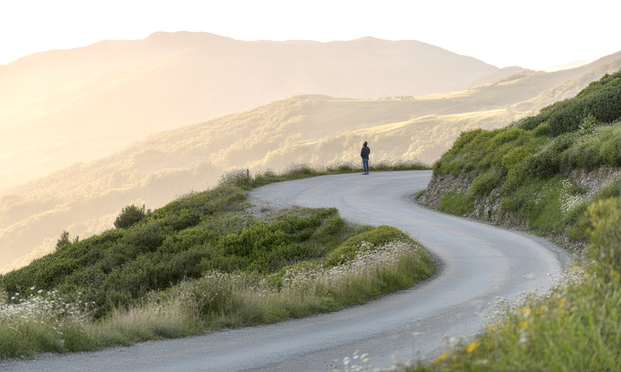 Winding road at sunrise with peaceful landscape