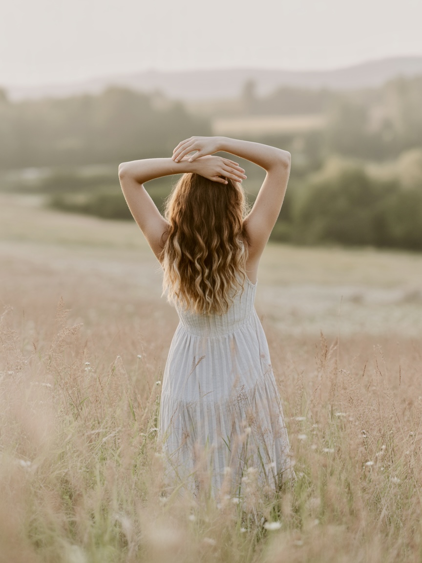 Woman standing in wild grass at sunset, arms resting overhead – Yinora